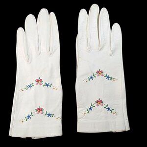 Vintage Womens White Leather Gloves With Floral Embroidery Size 6.5